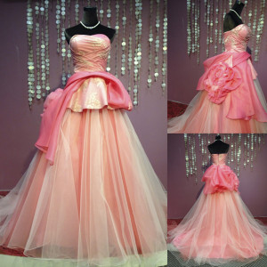 Tulle Low-cut Pink Ballgown Evening Dress