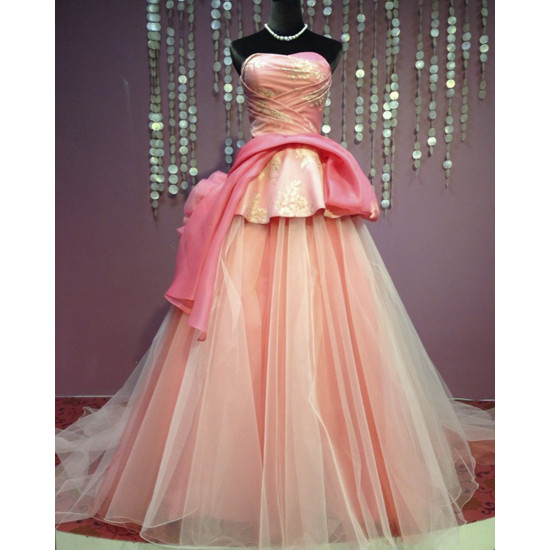 Tulle Low-cut Pink Ballgown Evening Dress