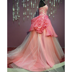 Tulle Low-cut Pink Ballgown Evening Dress