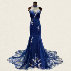 Halter Illusion Dark Blue Mermaid Qipao Dress with Lace Applique