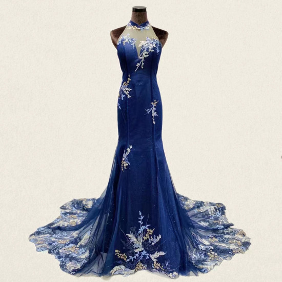 Halter Illusion Dark Blue Mermaid Qipao Dress with Lace Applique