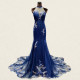 Halter Illusion Dark Blue Mermaid Qipao Dress with Lace Applique