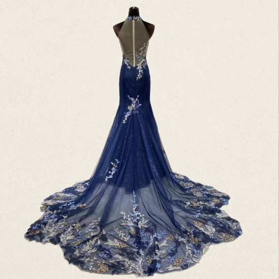 Halter Illusion Dark Blue Mermaid Qipao Dress with Lace Applique