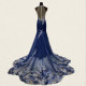 Halter Illusion Dark Blue Mermaid Qipao Dress with Lace Applique