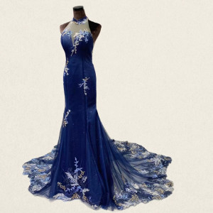 Halter Illusion Dark Blue Mermaid Qipao Dress with Lace Applique