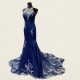 Halter Illusion Dark Blue Mermaid Qipao Dress with Lace Applique