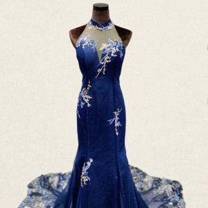 Halter Illusion Dark Blue Mermaid Qipao Dress with Lace Applique