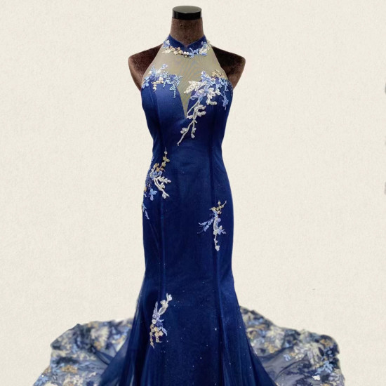 Halter Illusion Dark Blue Mermaid Qipao Dress with Lace Applique
