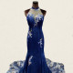 Halter Illusion Dark Blue Mermaid Qipao Dress with Lace Applique