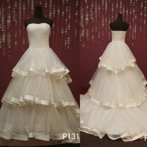 Low cut Layered Ballgown Wedding Dress with Lace Bodice