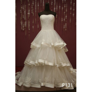 Low cut Layered Ballgown Wedding Dress with Lace Bodice