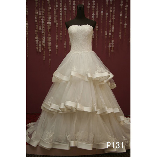 Low cut Layered Ballgown Wedding Dress with Lace Bodice