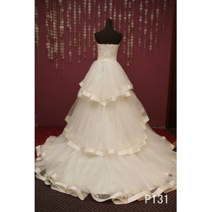 Low cut Layered Ballgown Wedding Dress with Lace Bodice